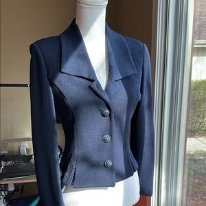 St. John Elegant Navy Blazer with Crystal Button and Lace Detail